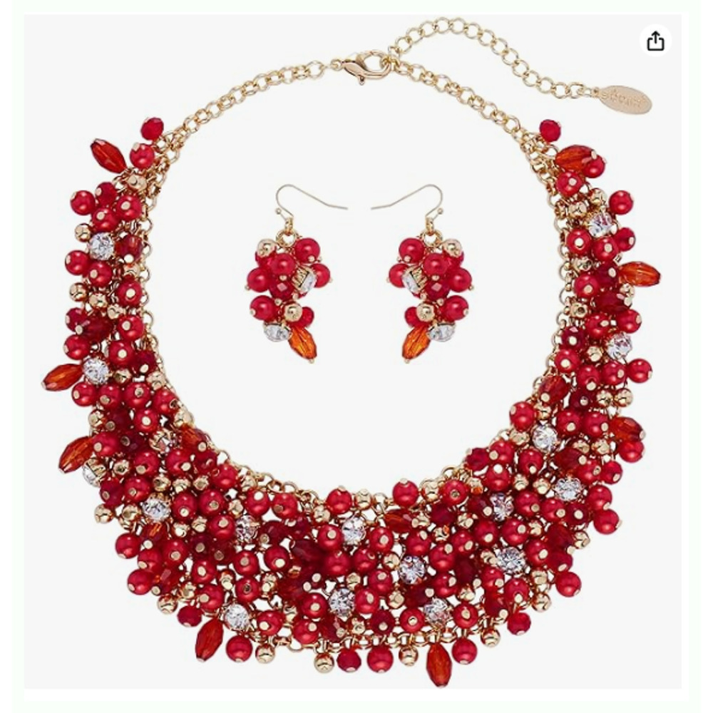 Red Pearlized Necklace Set Christmas Bling Gold Rhinestone Beaded Drop Earrings